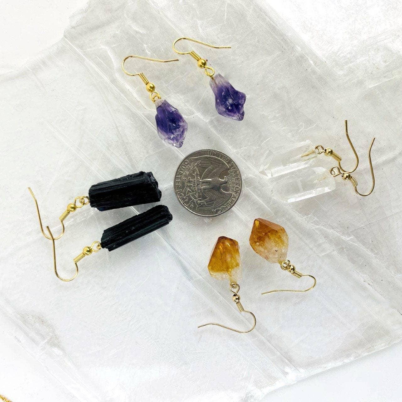 Rock Paradise - Wholesale Dangle Earrings - Crystal Point Earrings - Amethyst / Citrine / Clear Crystal points - Gold or Silver Bail (8BROWNSHELF)1
