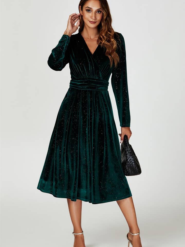 Grön Silver Sparkly Velvet Wrap Top Midiklänning I Grön för wholesale på Faire3