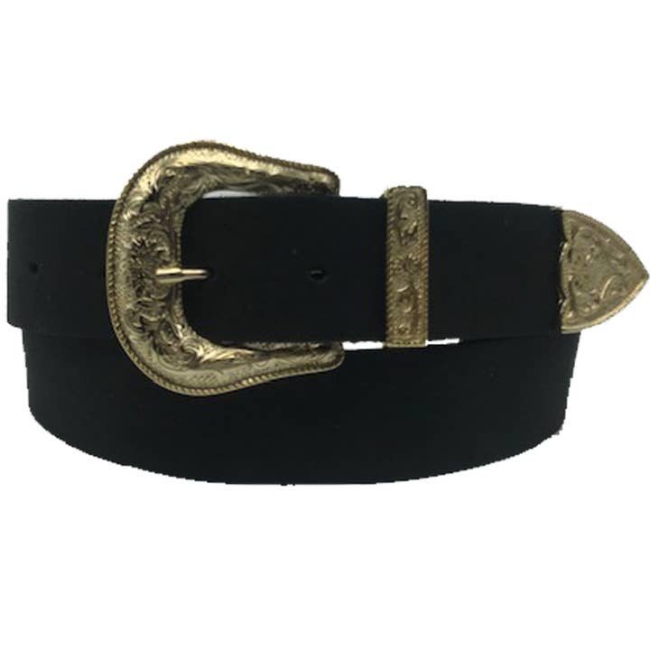 Ceinture unie en cuir noir avec boucle western embossée dorée pour la vente par KÖ Kind Düsseldorf