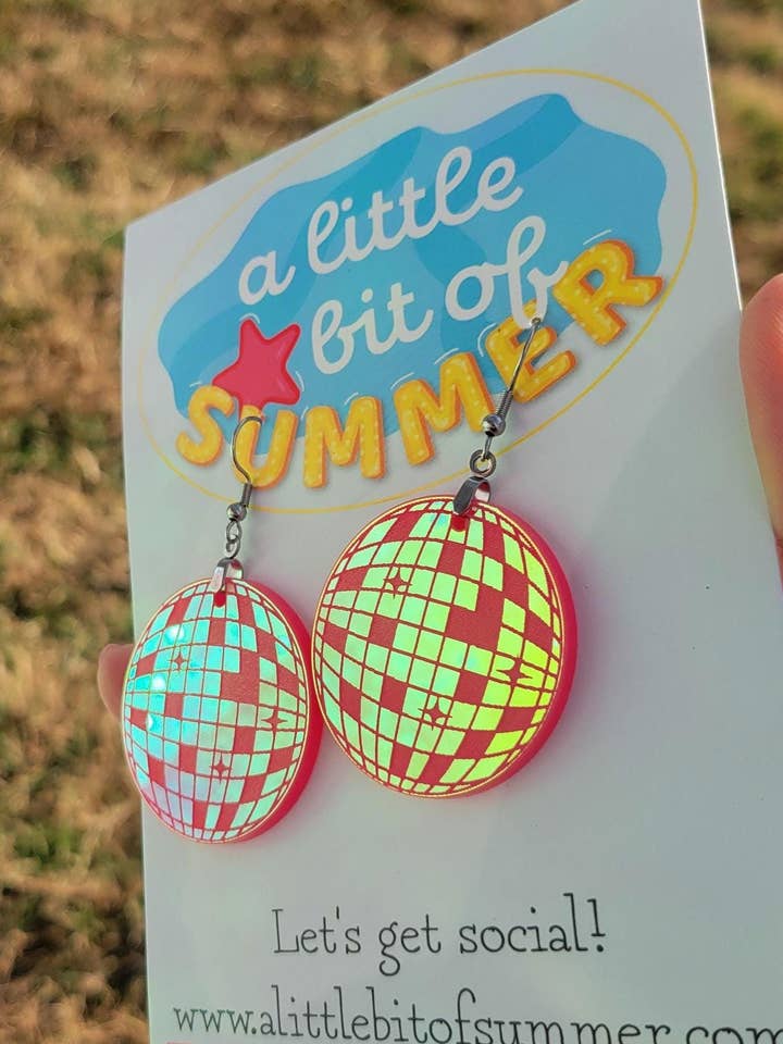 Pink Color Shifting Holographic Disco Ball earrings for wholesale by A Little Bit of Summer LLC
