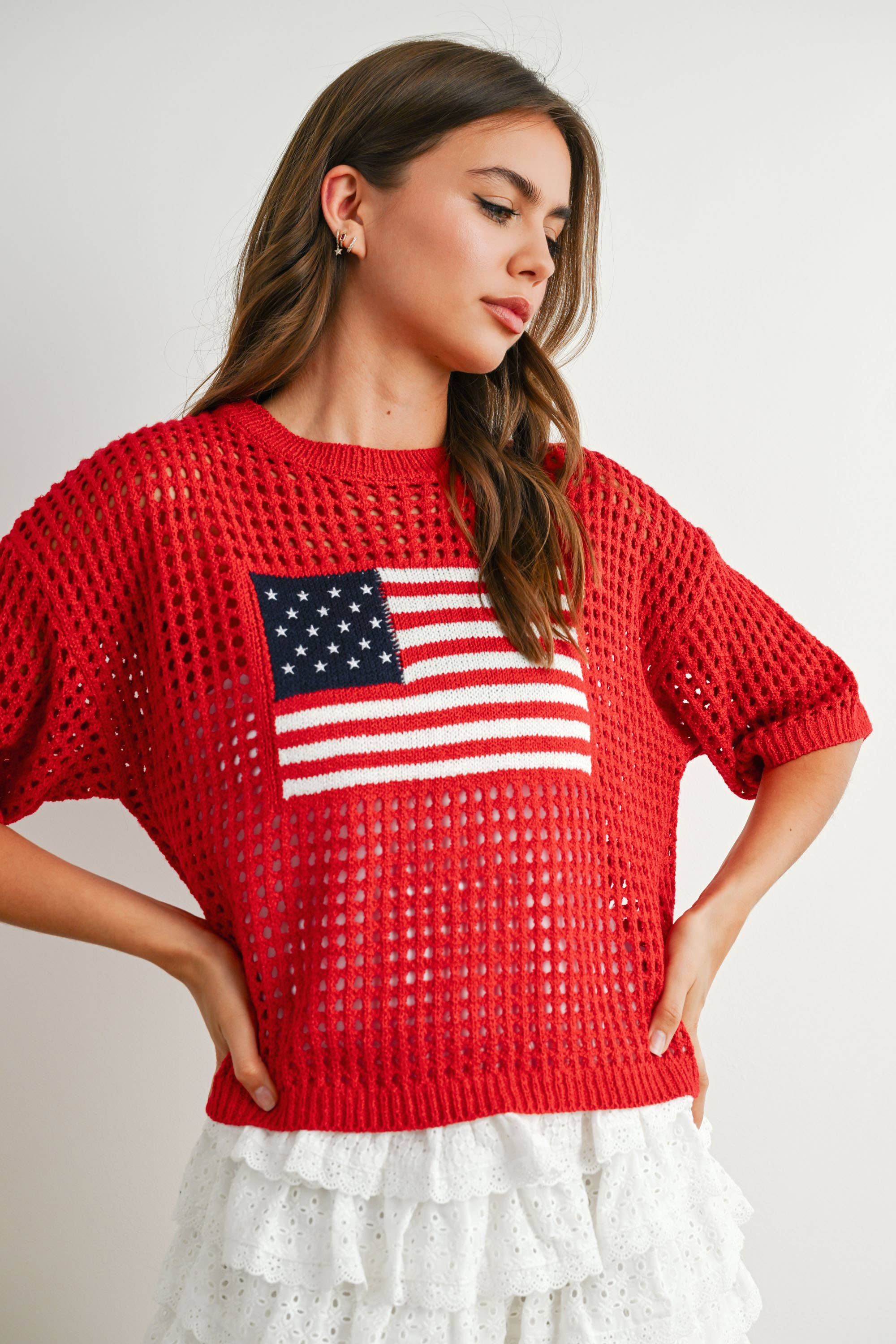 BUTTERMELON - Wholesale Knit Top - Women's - Flag Print Open Knit Crochet Sweater Top - BMW77352