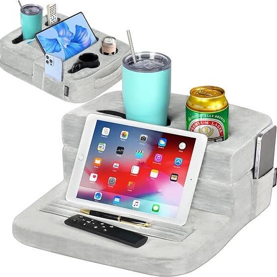 TabCouchCaddy - Wholesale Desk Organizer - TabCouchCaddy - Couch Cup Holder Tray & Tablet Pillow (Grey)