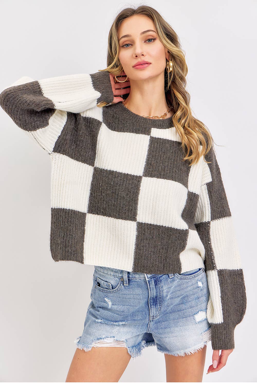 Sweet Lovely by Jen - Wholesale Knit Sweater - Women's - CASUAL SOFT COZY  RELAXED FIT CHECKER KNIT SWEATER34