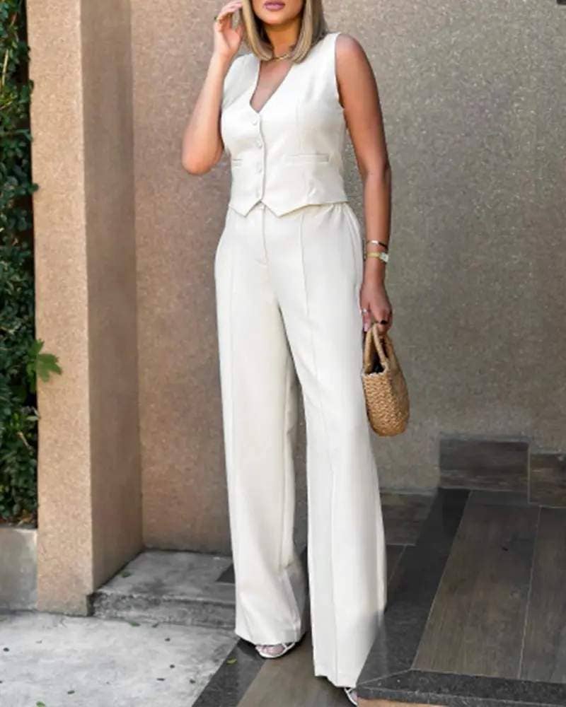 Flarix - Wholesale Top & Pant Set (NOT Loungewear) - Women's - buttoned vest top wide leg pants set17