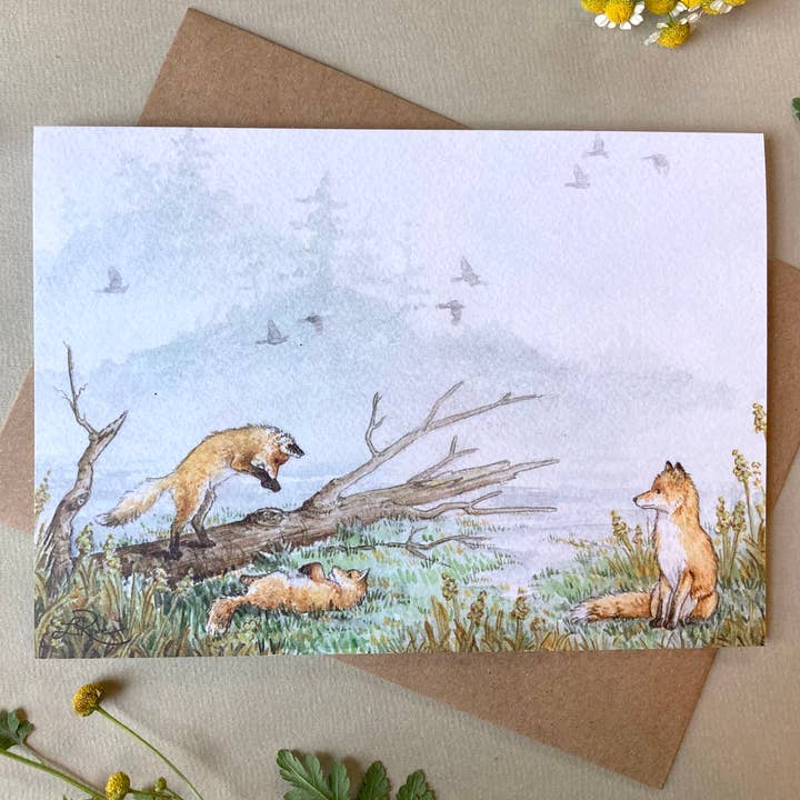 Lucinda Rowe Art - Wholesale Everyday Greeting Card - Playing Foxes in the Fog Greeting Card0