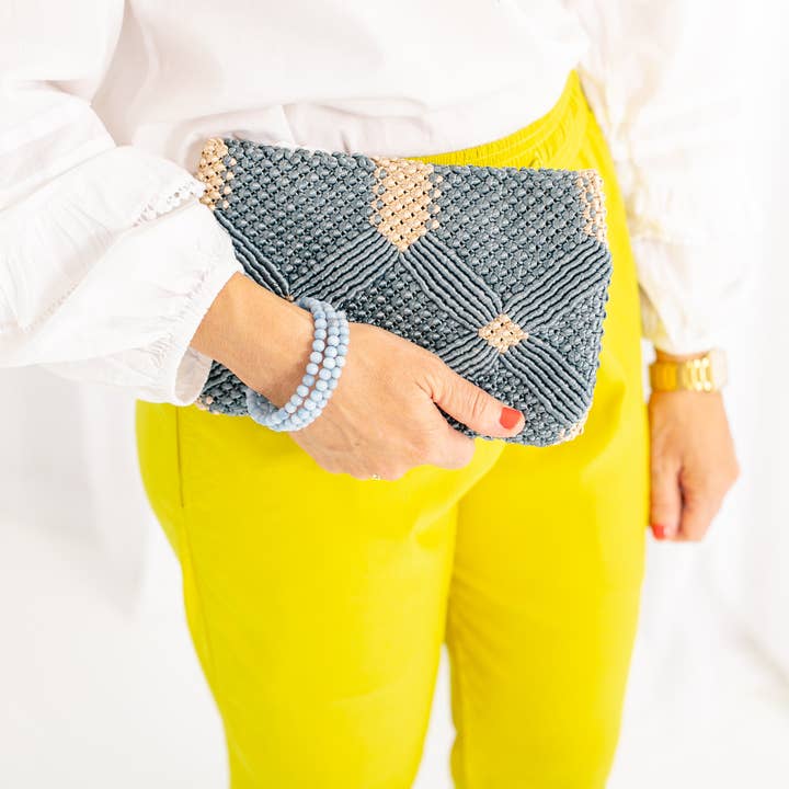 Rahab's Rope - Wholesale Clutch Bag - Women's - Handmade Macramé Clutch- Dusty Blue and Champagne