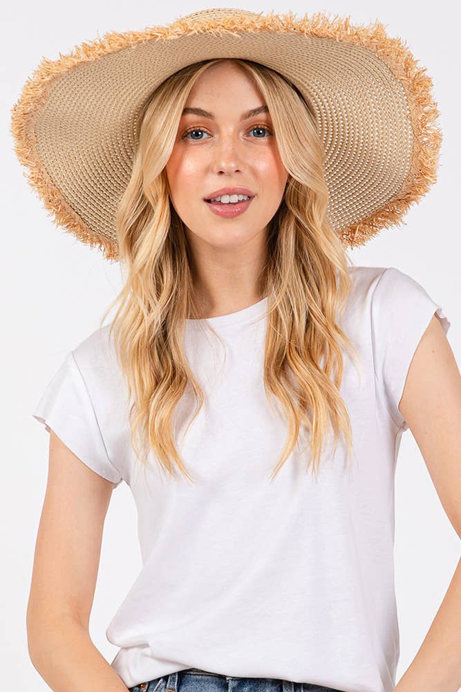 Hana - Vendita all'ingrosso Cappello di paglia - Donna - Cappello Estivo di Paglia a Tesa Larga Bicolore con Bordo Sfilacciato5