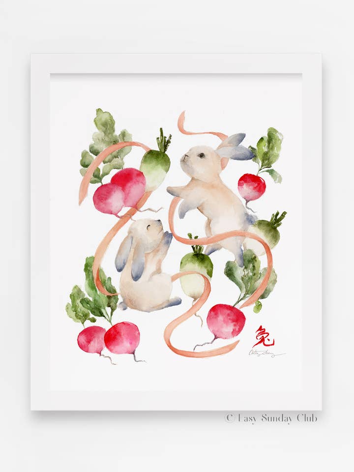 Rabbits & Radishes Watercolor Art Print for wholesale by Easy Sunday Club