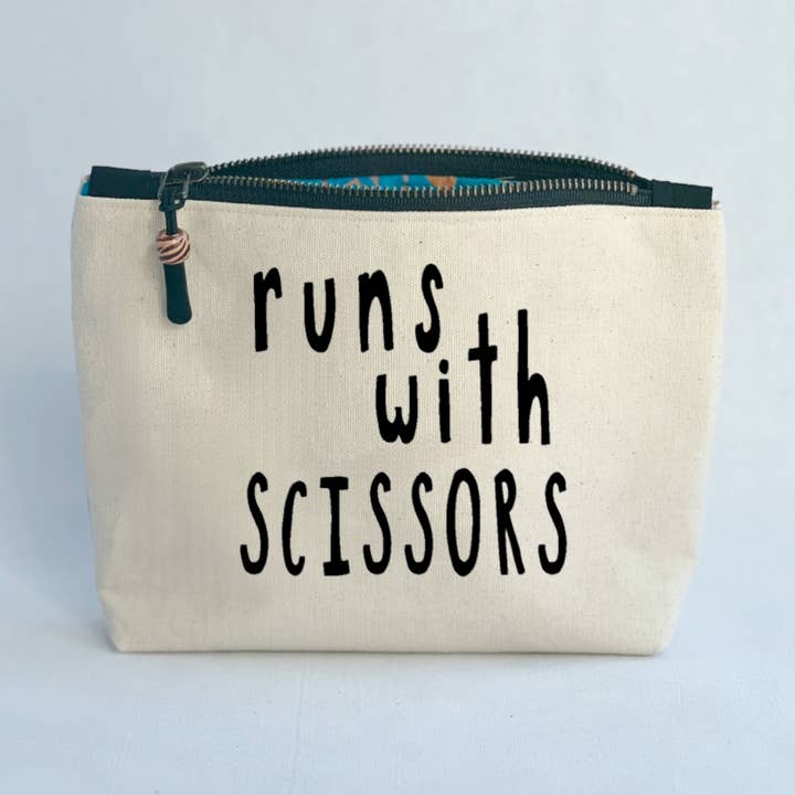 Canvas lined zip bag pouch - Runs with Scissors for wholesale by Pretty Clever Words