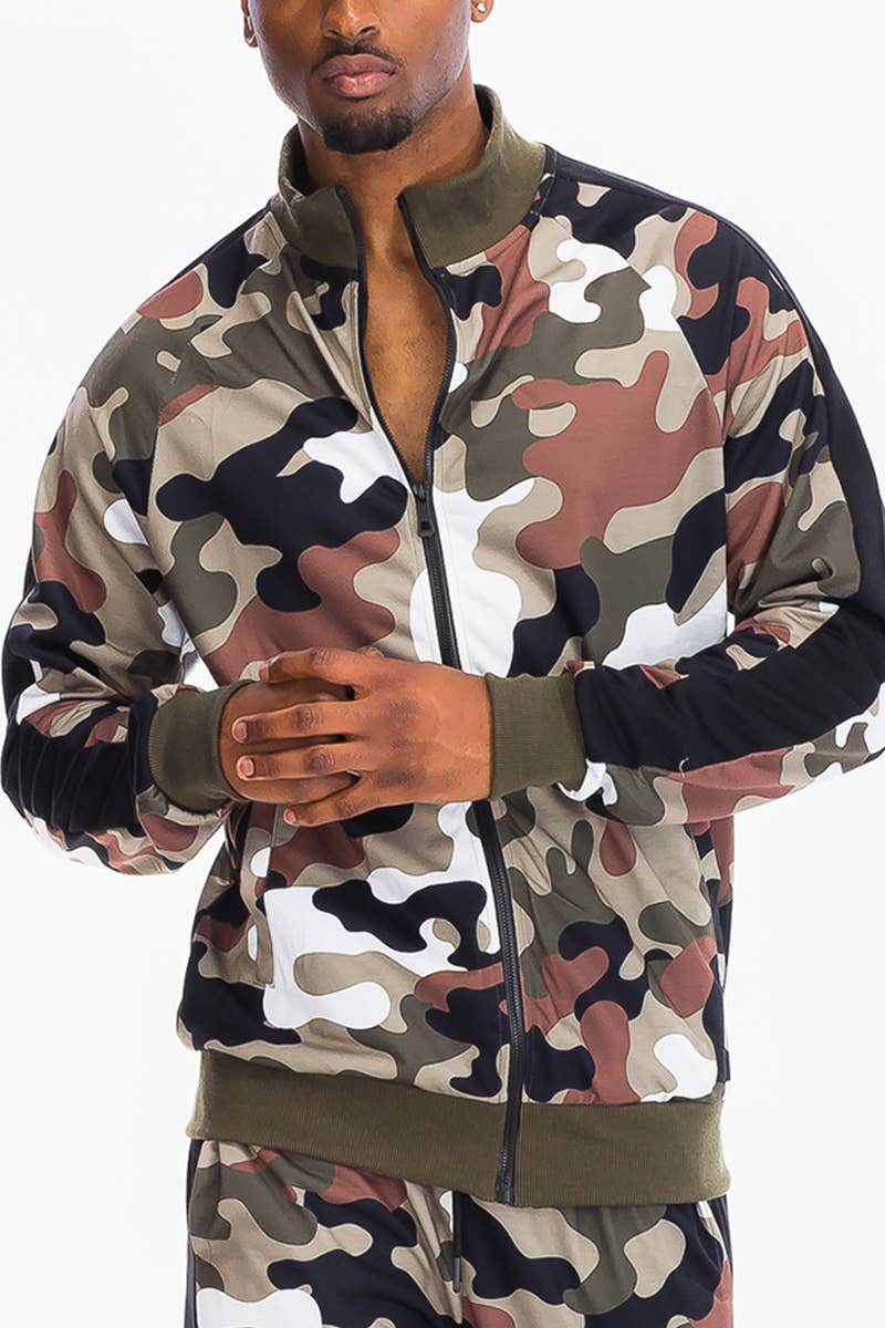 WEIV - Wholesale Athletic Jacket - Men's - Full Camo Track Single Side Stripe Track Jacket