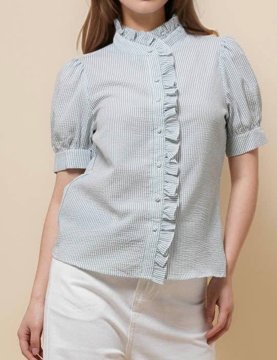 Sweetkama - Vendita all'ingrosso Camicia button down - Donna - Camicia a righe con maniche corte e collo arricciato da donna SKT5108714