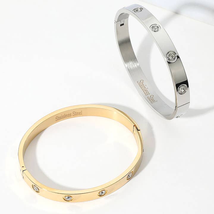 Sensibling Corp. - Wholesale Bangle Bracelet - Stainless Steel Stone Paved Hinged Bangle Bracelet