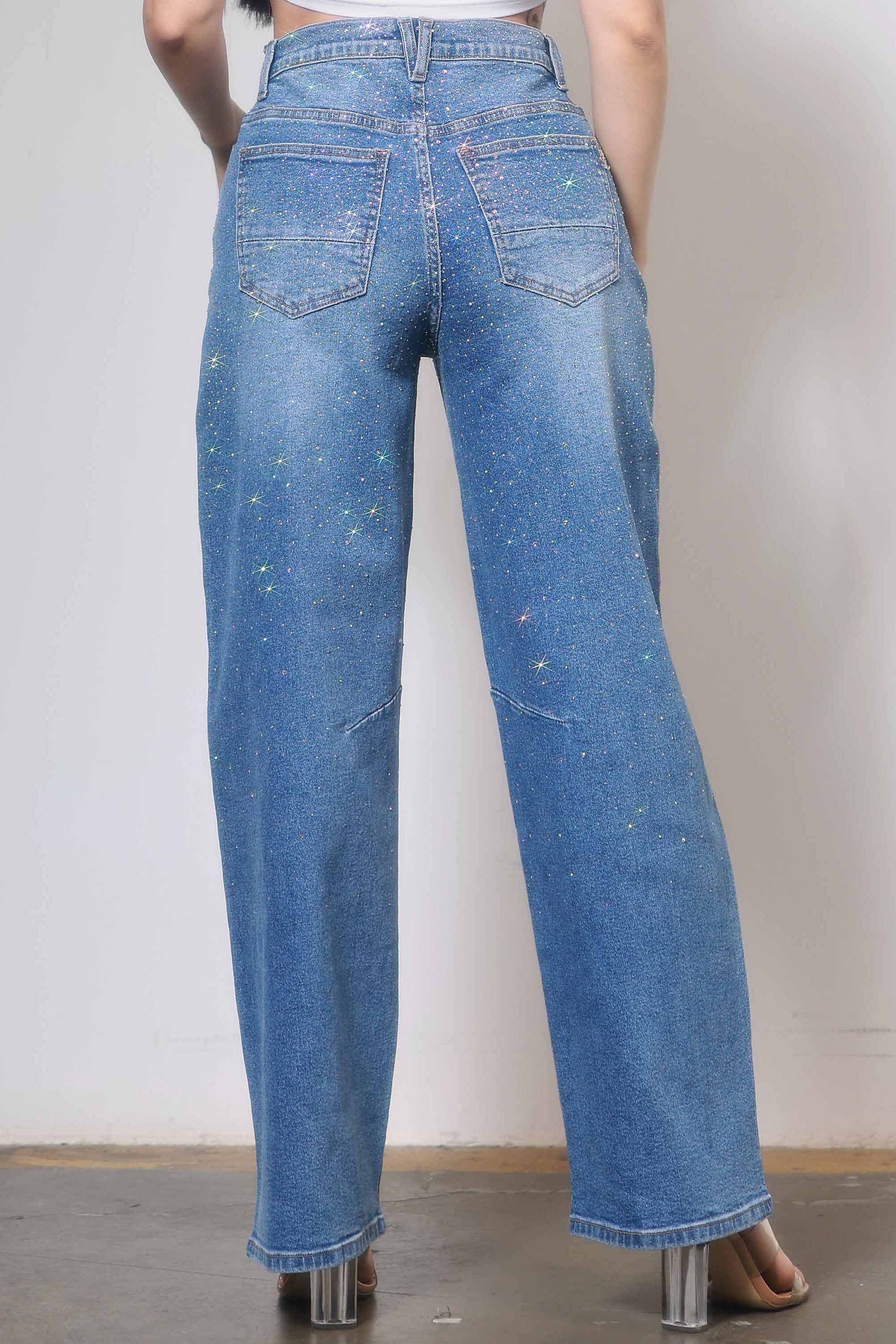 Medium Stone Rhinestone Barrel Jeans for wholesale on Faire2
