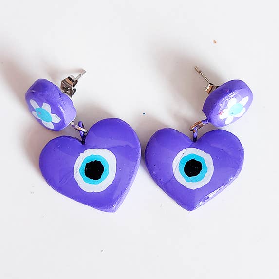 Evil eye earrings lilac, heart earrings, handmade earrings for wholesale by Chunchitos