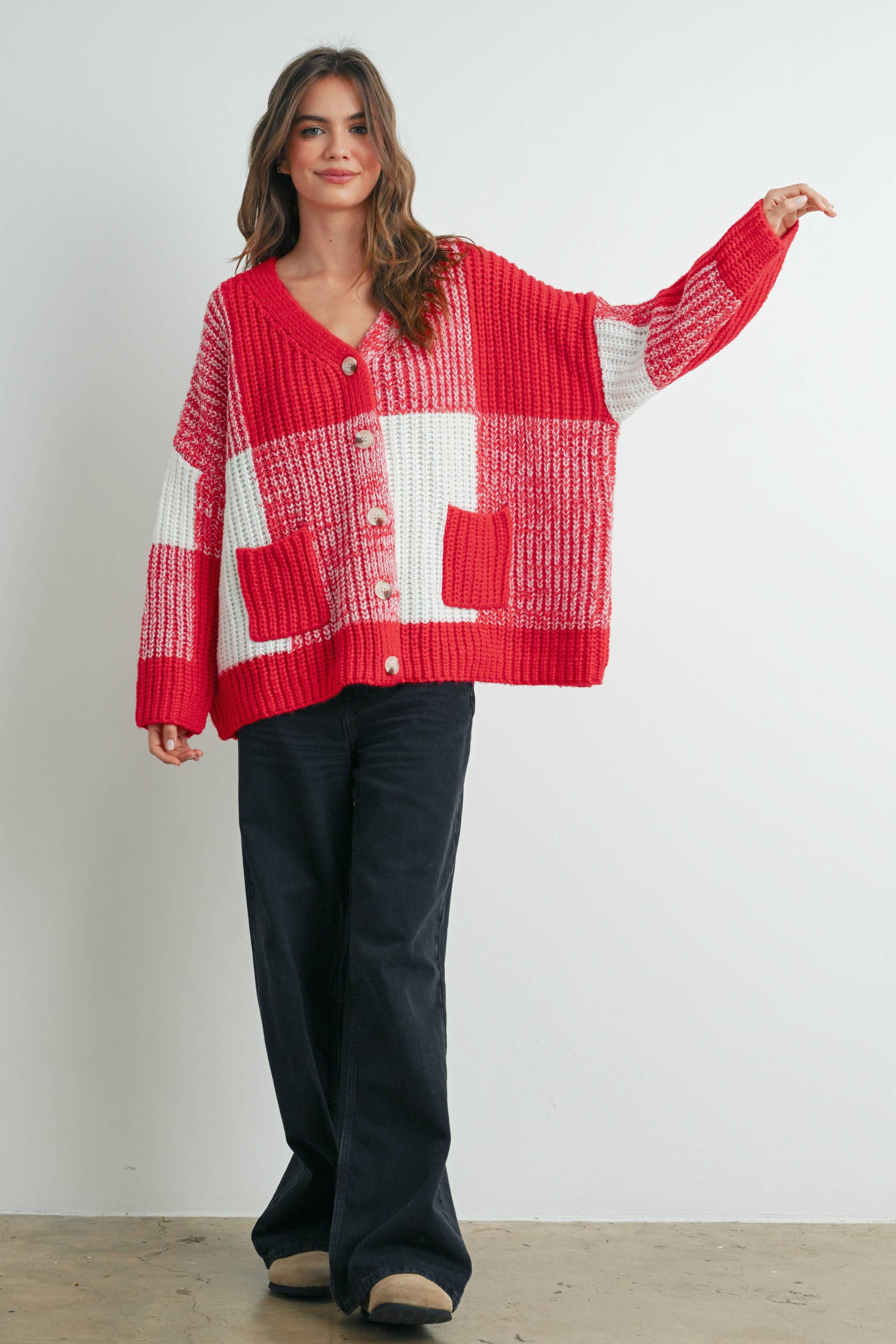 BUTTERMELON - Vendita all'ingrosso Cardigan - Donna - Cardigan oversize a quadretti con spalla scesa - BMC760710