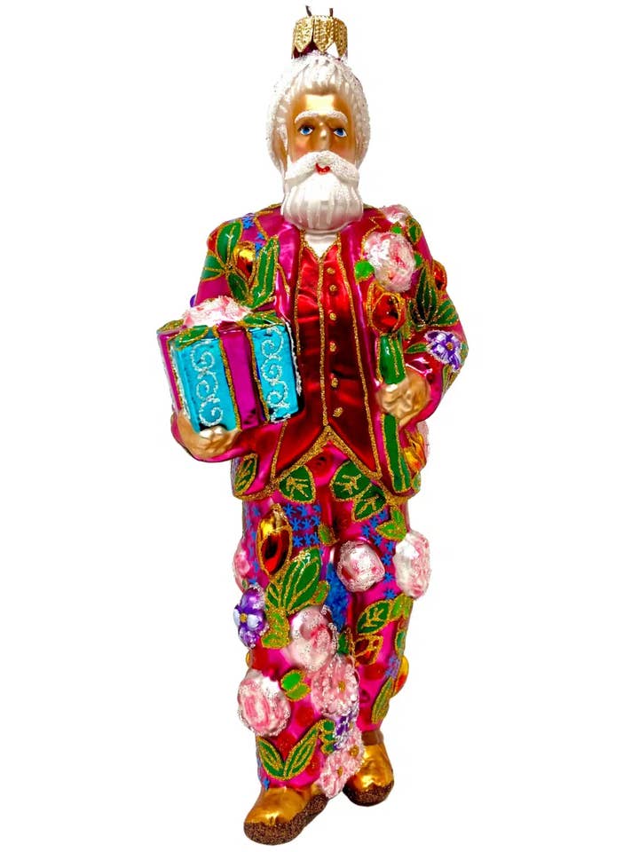 Ornement de Noël Père Noël avec fleurs roses en verre soufflé polonais pour la vente par Kenzies of London