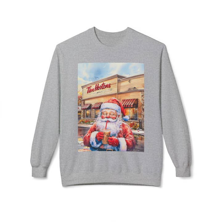 Buffalovely - Wholesale Graphic Sweatshirt - Women's - Santa with an Iced Coffee at Tim Horton's Cozy Unisex Christmas Crewneck Sweatshirt4