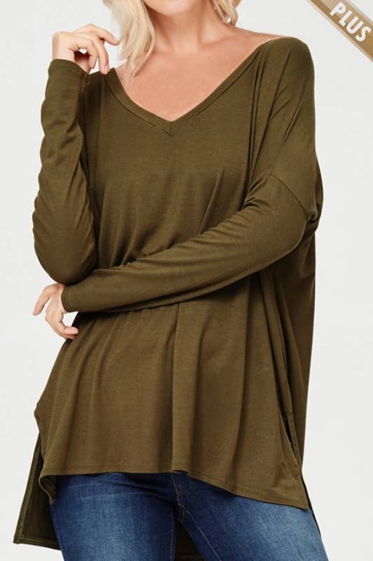 A.gain – wholesale Tunic – Women’s – 10210LP07 - PLUS SIZE SOLID LOOSE FIT V NECK LONG SLEEVE TOP1