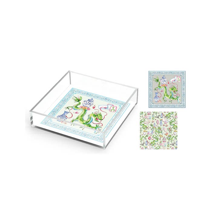 Dragon Blue Chinoiserie Pots and Mahjong Acrylic Tray 6x6 for wholesale by RosanneBeck Collections
