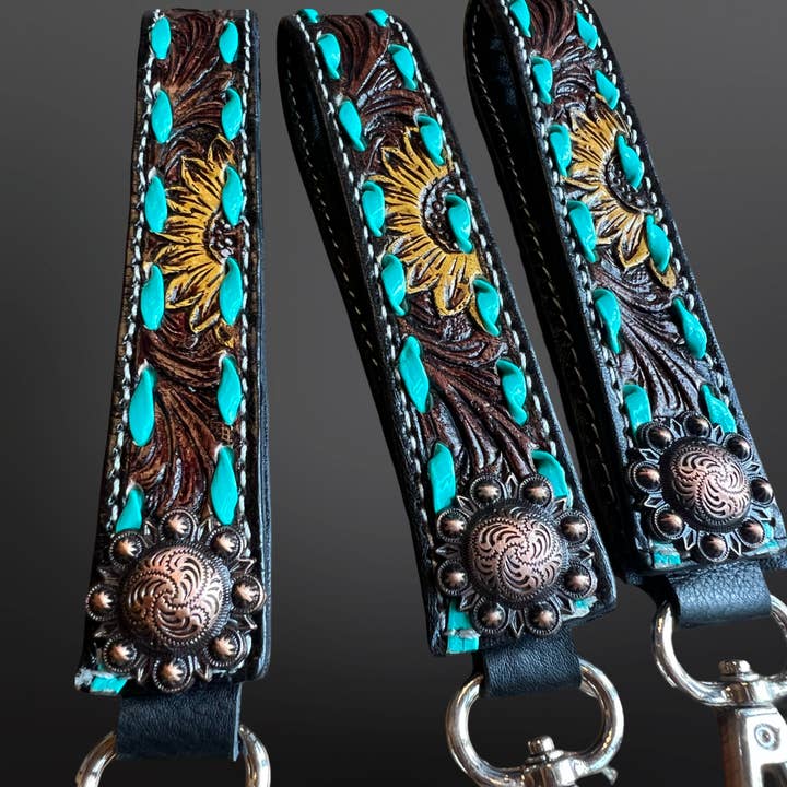 Yellow Sunflower Concho Keychain with Buck Stitching for wholesale by Westrian International