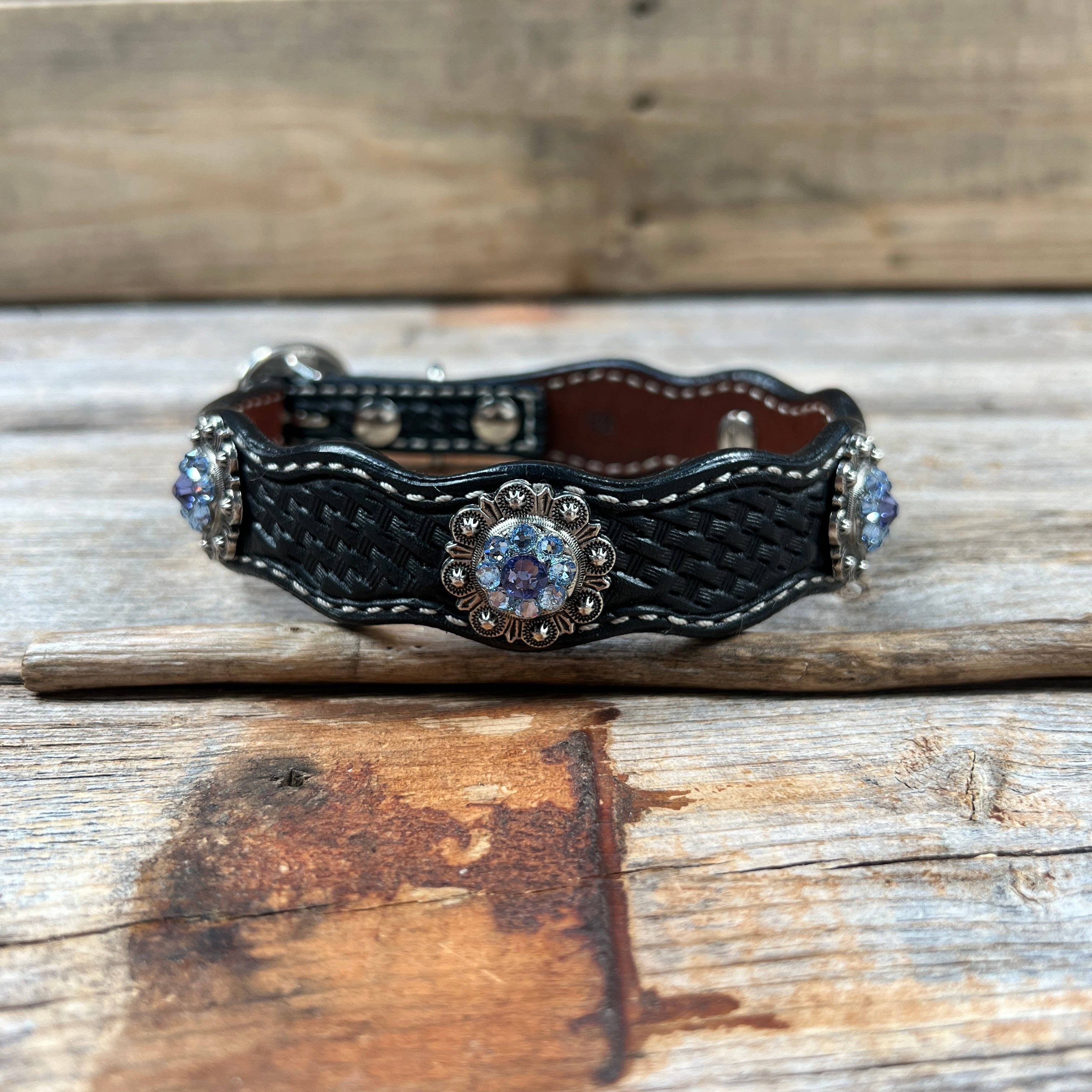 Rodeo Drive - Wholesale Horseback Riding Gear - Leather Dog Collar With Antique Silver Lilac and Light Sapphire Conchos 10" to 22" -DC502