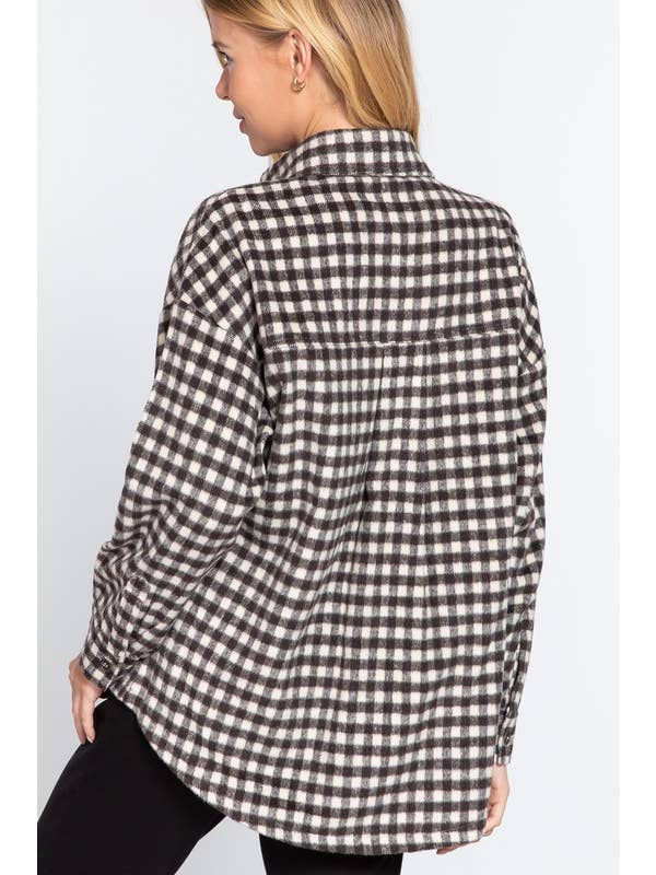 Ivy Cream brown Long Sleeve Brushed Plaid Oversized Jacket for wholesale on Faire