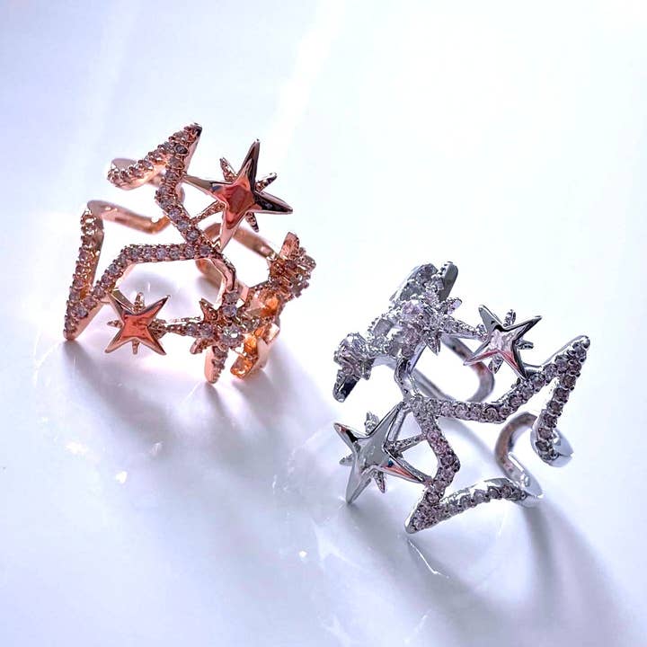 Adjustable crystal star ring, trendy fashion cute statement for wholesale by Holicca