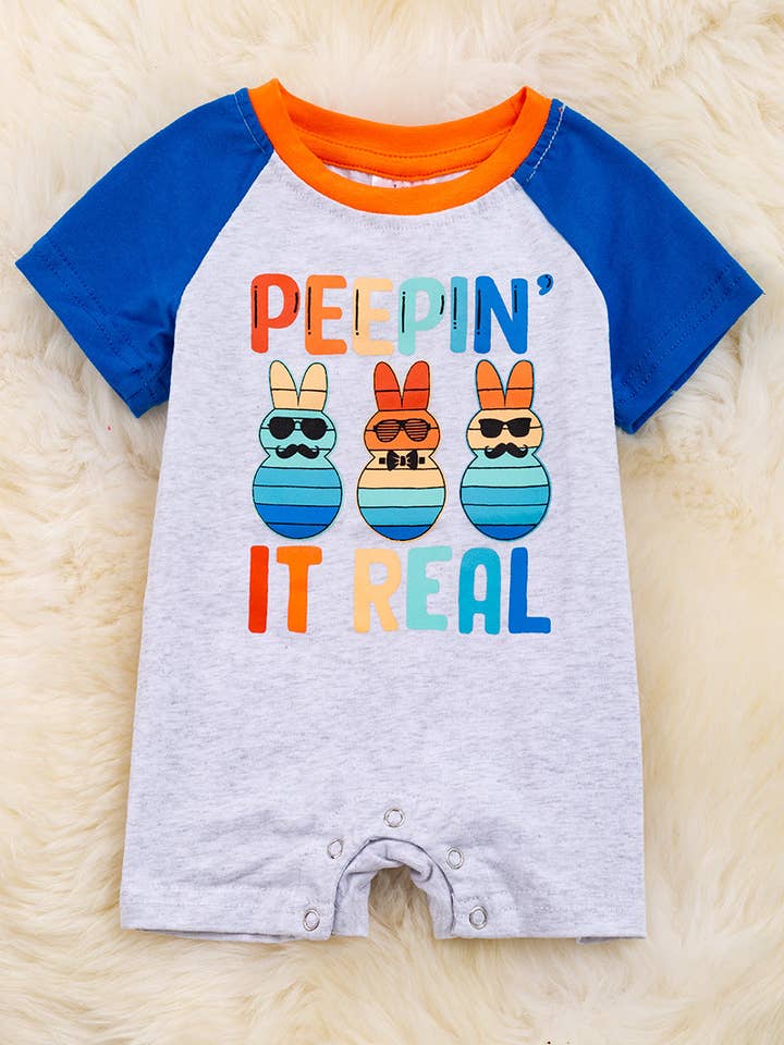 "Peepin It real" Gray peep printed romper with royal blue sleeves. RPB20144002 SOL for wholesale by Kids Charm Online