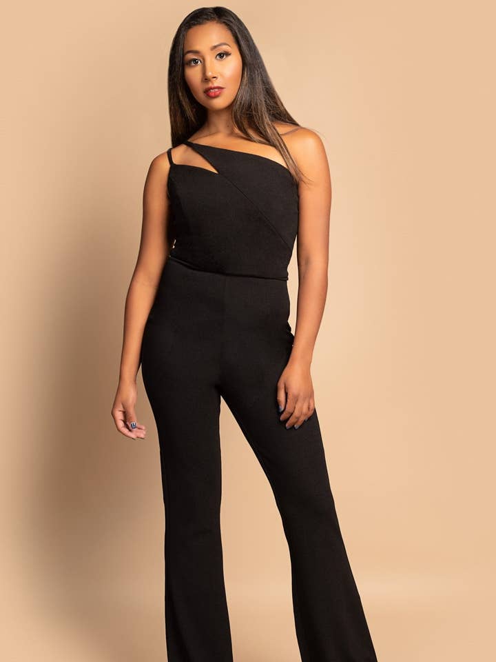 Double Strap One Shoulder Flare Pants Jumpsuit for wholesale by Nina Cheyenne Apparel