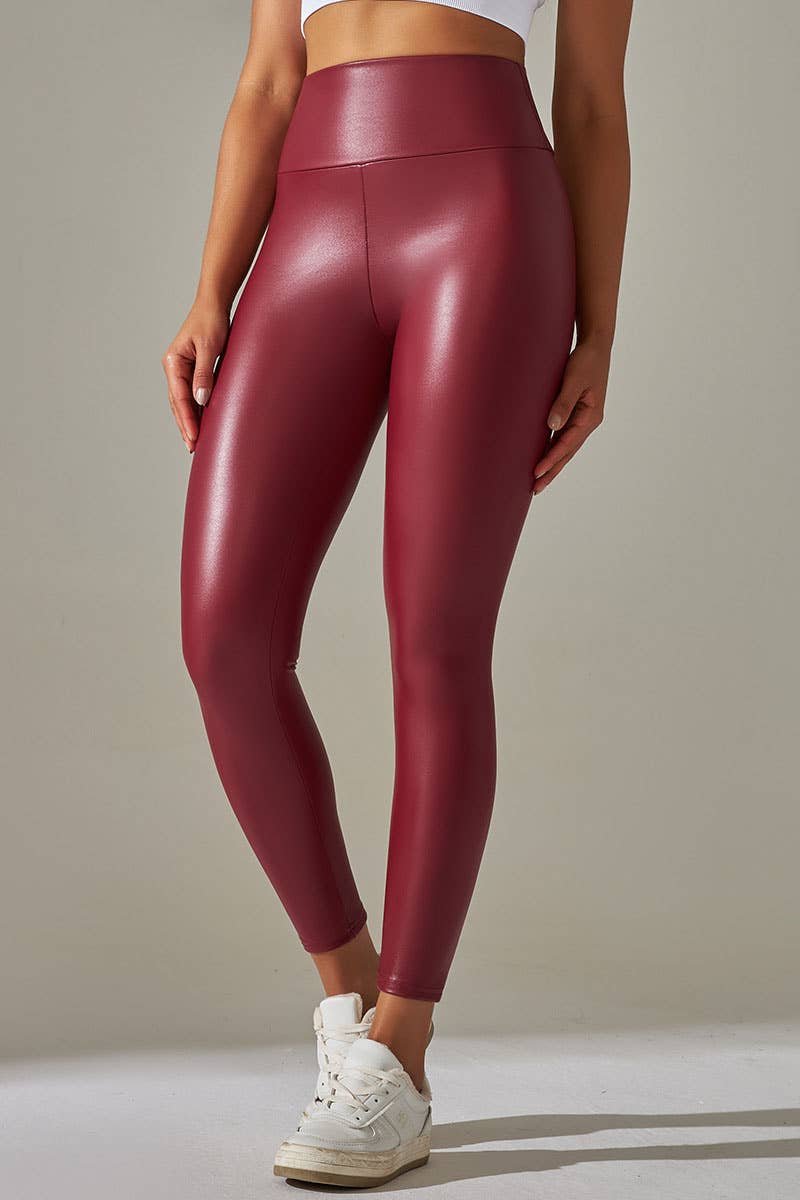 Color 5 - Wholesale Fashion Leggings - Women's - Burgundy  color high waist faux matt leather skinny leggings6