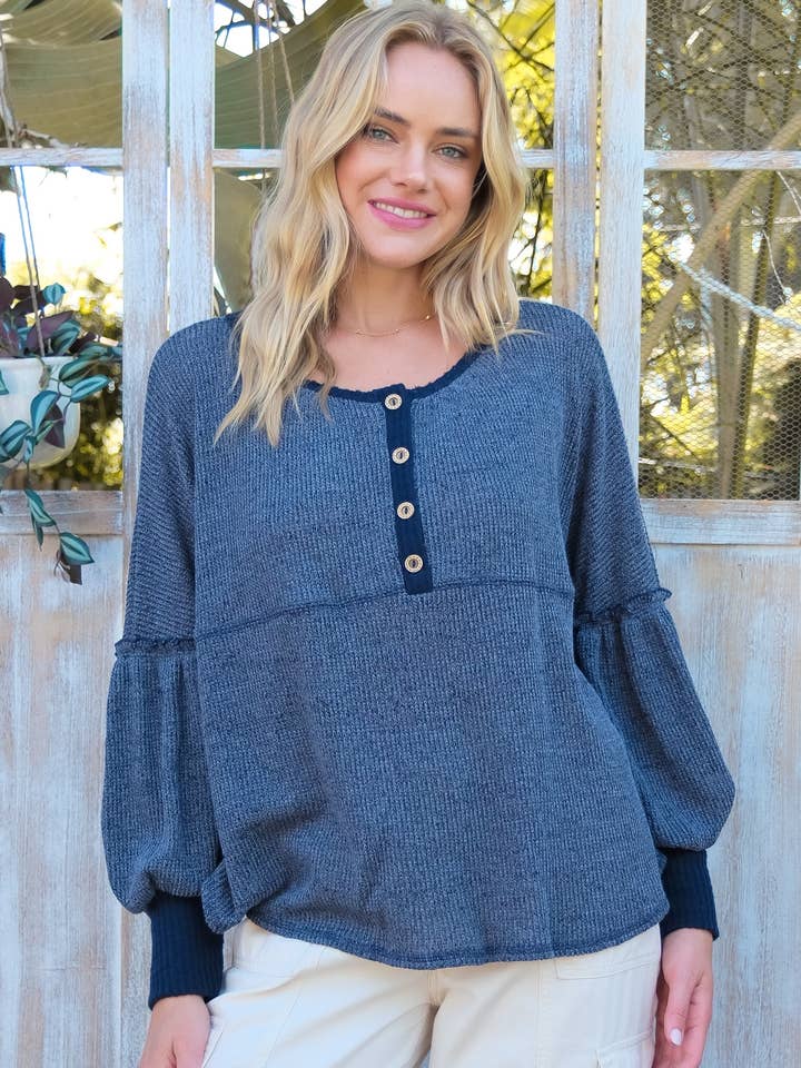 Roomy fit long sleeve top with placket-LT6491 for wholesale by Nicabel