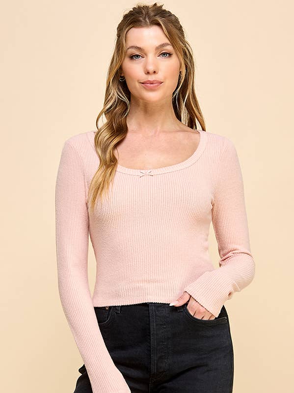 RT52990L - LONG SLEEVE SCOOP NECK HACCI RIBBED TOP W/ BOW for wholesale by Heart & Hips
