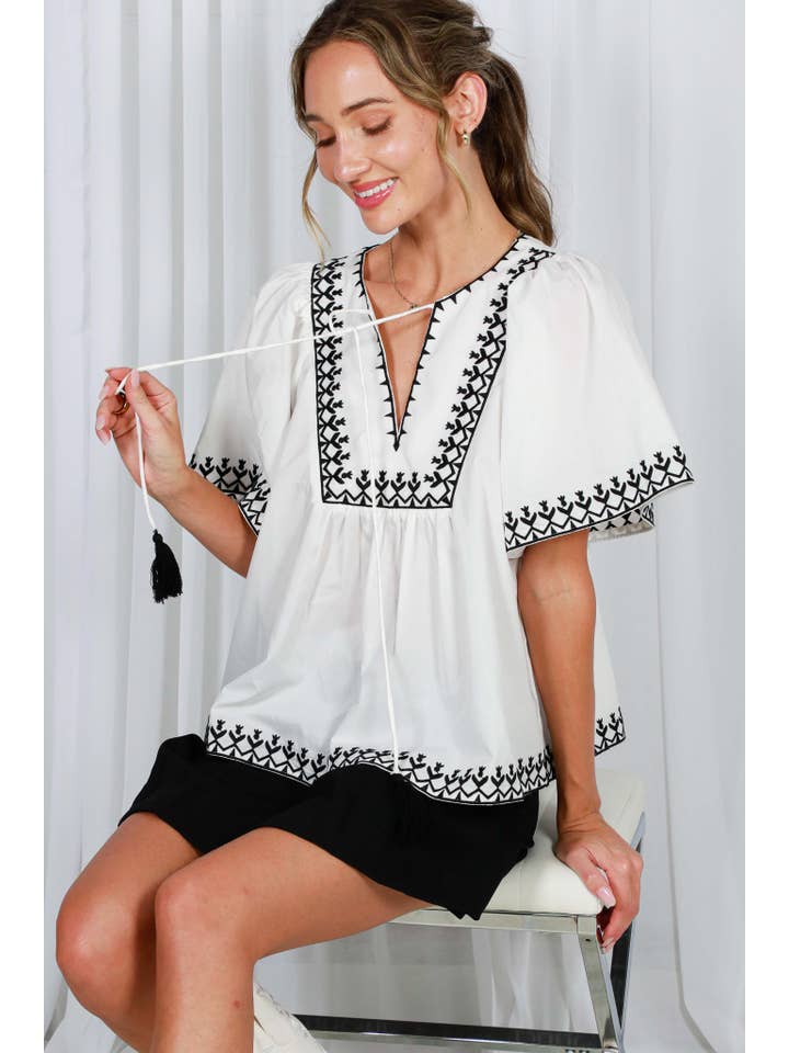 Vine & Love - Vente Chemisier – femme - Blouse blanche brodée à col noué, style bohème8