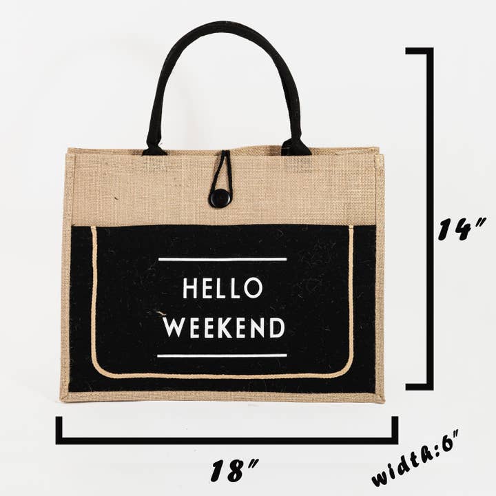 Collections by Fame Accessories - Wholesale Tote Bag - Women's - Hello Weekend Burlap Tote Bag