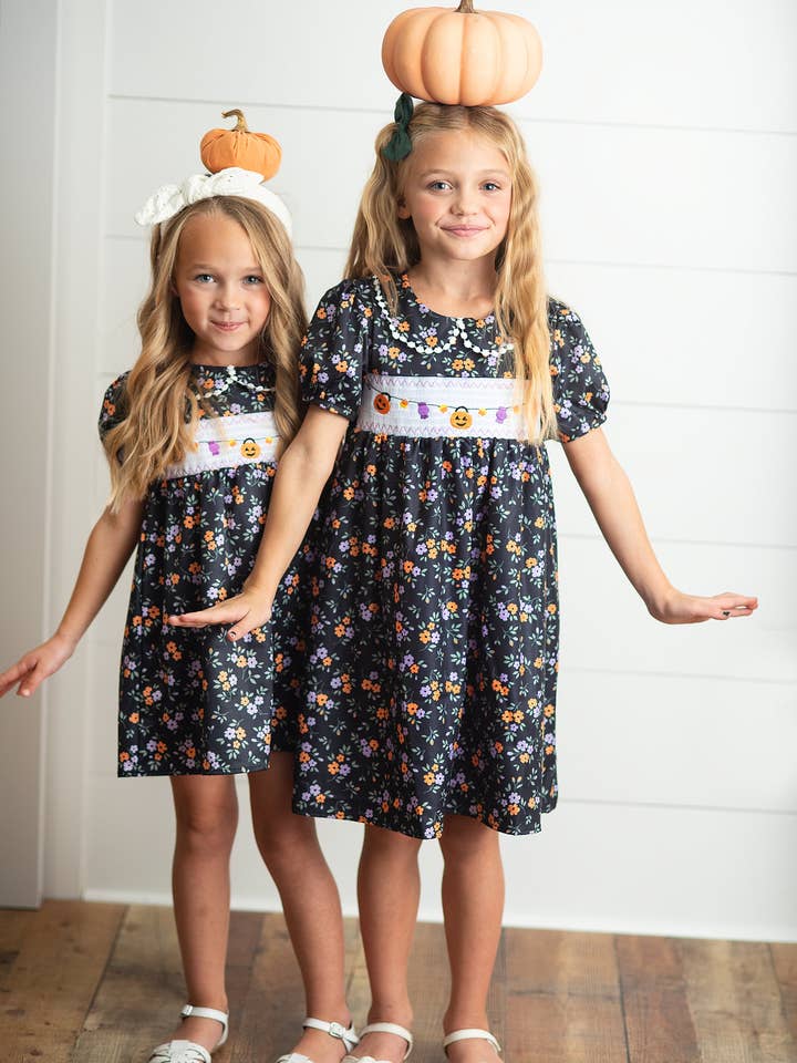 Wren & James - Wholesale Dress - Kids - Kids Halloween Pumpkin Candy Smocked Puff Sleeve Fall Dress