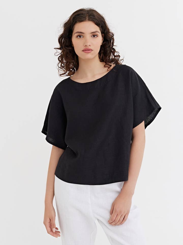 MagicLinen (We handle U.S. import procedures for you) - Wholesale Blouse - Women's - Loose-fit linen top MIDWAY in Black