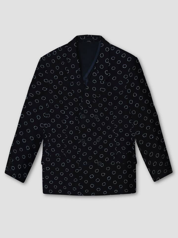 Indigo Dyed Embroidered Double Breasted Jacket for wholesale by Renée Bedell