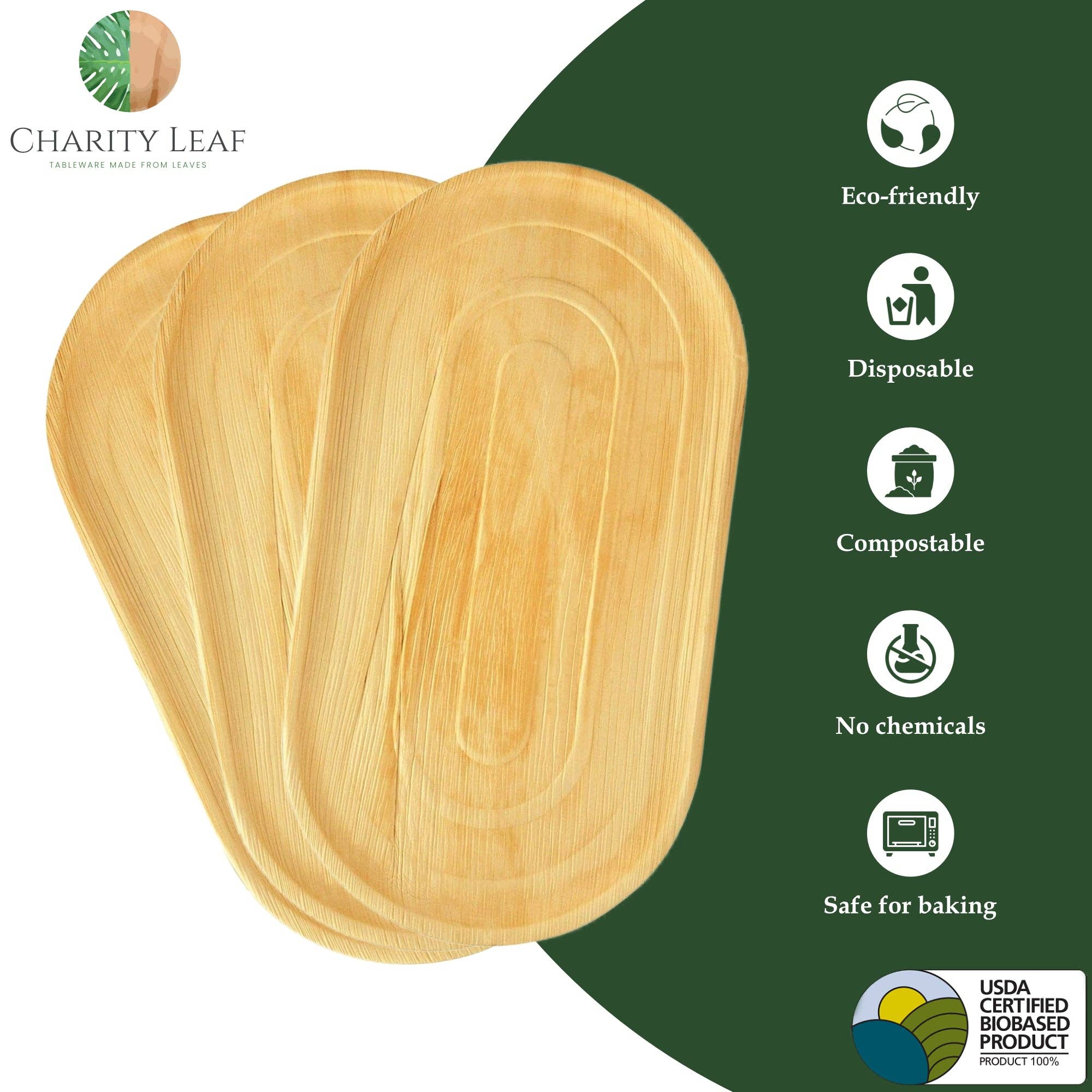 Charity Leaf – Großhandel Serviertabletts – Palm Leaf Großes Tablett — 55,9 x 30,5 cm — Packung mit 10 Fächern2
