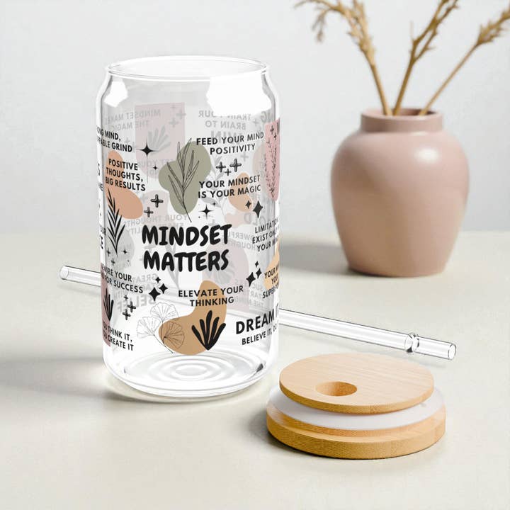 Mindset Matters Motivational Sipper Glass Tumbler Gift; 16oz for wholesale by EMESLY