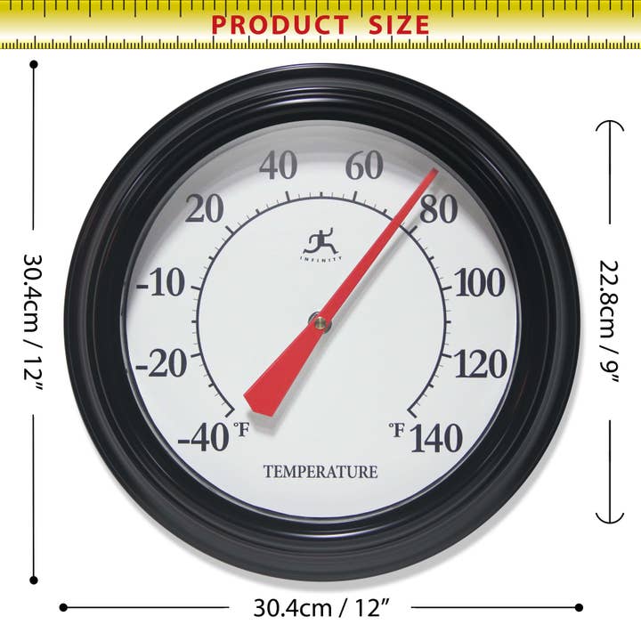 Infinity Instruments - Wholesale Thermometer - Essential Black Indoor/Outdoor Wall Thermometer 12 Inch