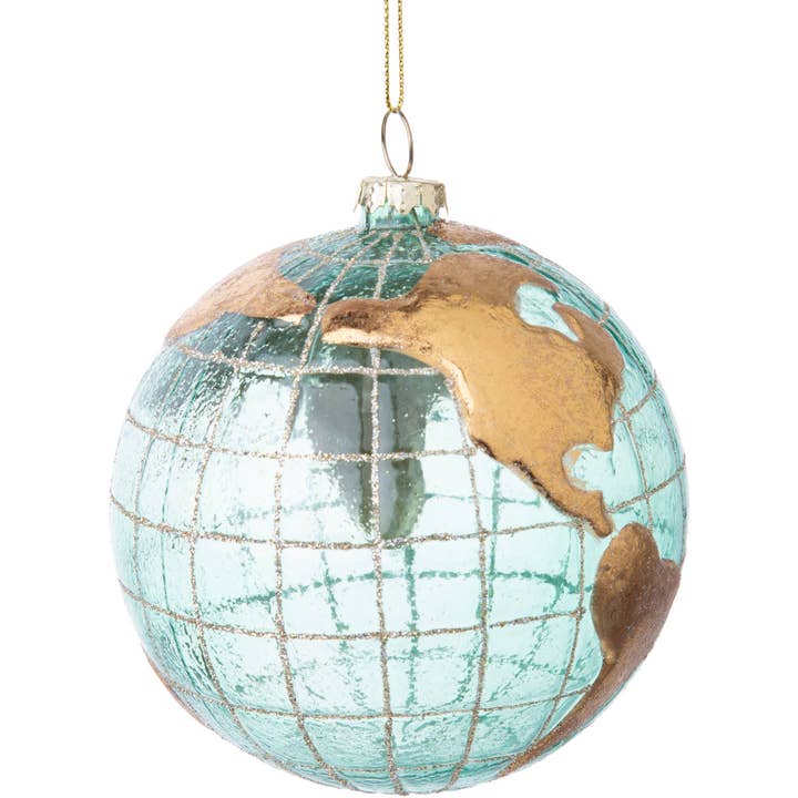 Silver Tree Home & Holiday - Wholesale Ornament - A63126: Glass globe orn,transluc grn,matte gld continent,4in