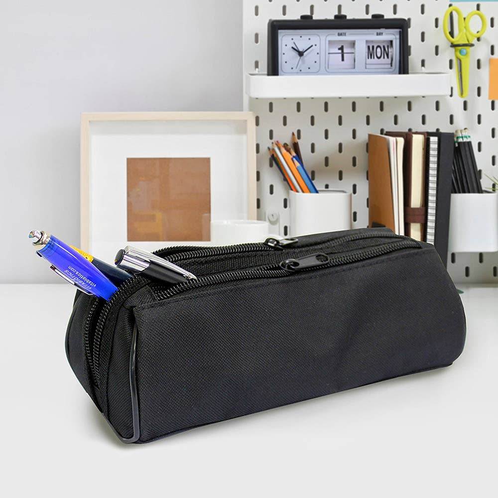Powell Creative Products Ltd - Wholesale Pencil Case/Pouch - Black Pencil Case Plain 2 Zipped Compartments for Boys 1