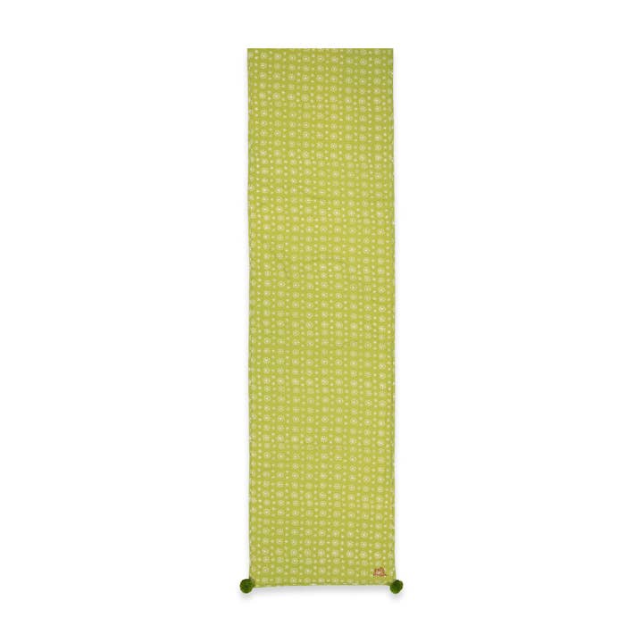 Olivfärgad bordsduk med pompomdetaljer i abstrakt prästkragemönster för wholesale av kate austin designs