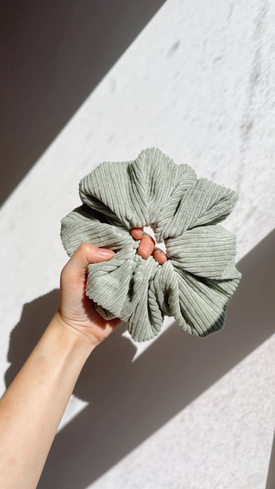 Weavey Studio - Wholesale Scrunchie - Women’s - Sage Oversized jumbo corduroy fabric scrunchie, XL scrunchie1