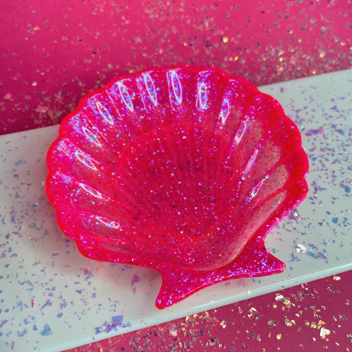 Somin - Wholesale Jewelry Dish - Decorative glitter Seashell Plate - neon pink1