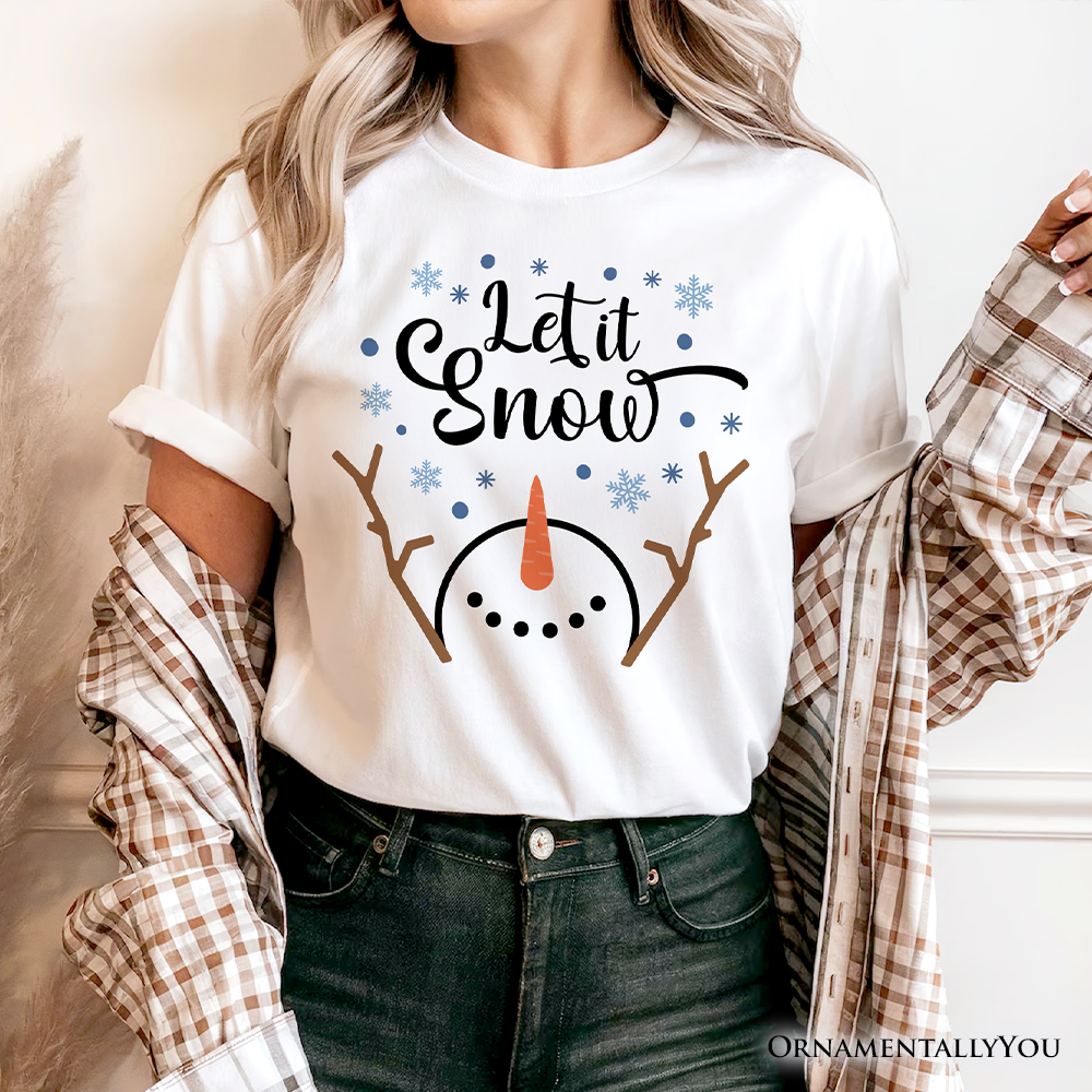 White Let It Snow Snowman T‑Shirt, Snowflakes Minimalist Tee for wholesale on Faire4