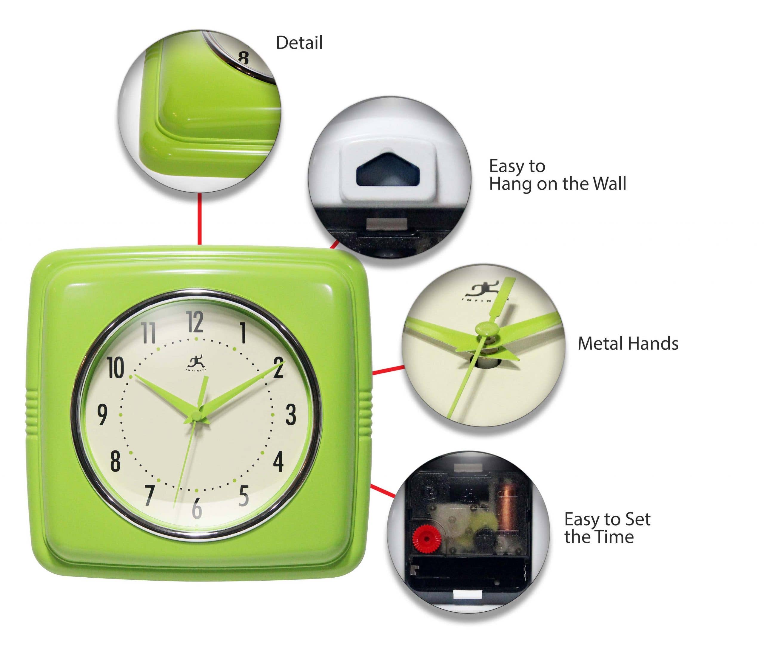 Infinity Instruments - Wholesale Wall Clock - Retro Square Green Indoor Wall Clock 9.25 Inch3