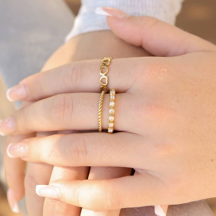 WJW - Wholesale Multi-Stone Ring - 18k Gold PVD Coated Beaded Stainless Steel CZ Stacking Ring