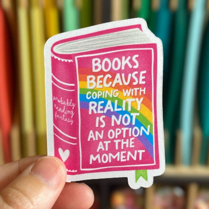 Books Because Coping With Reality Is Not An Option Sticker for wholesale by PartyHappier