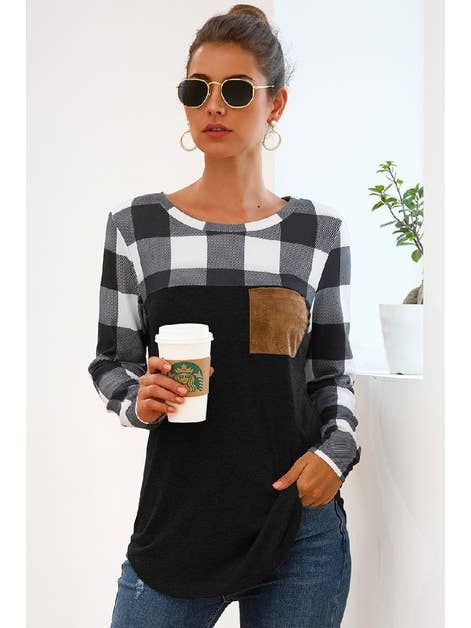 Supreme Fashion - Wholesale Tunic - Women's - Plaid Long Sleeve Shirt Pocket Patchwork Shirt